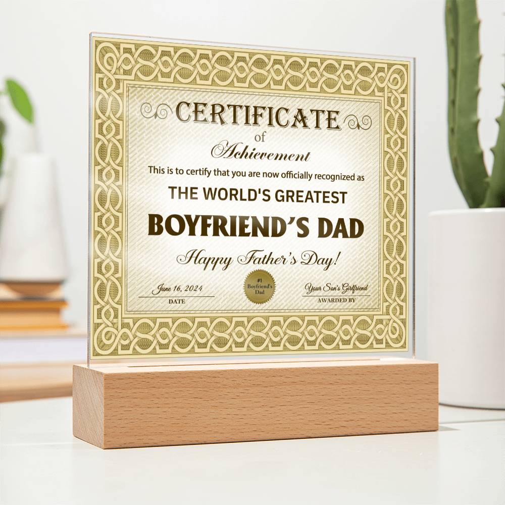 Boyfriend's Dad "Certificate of Achievement" Square LED Plaque