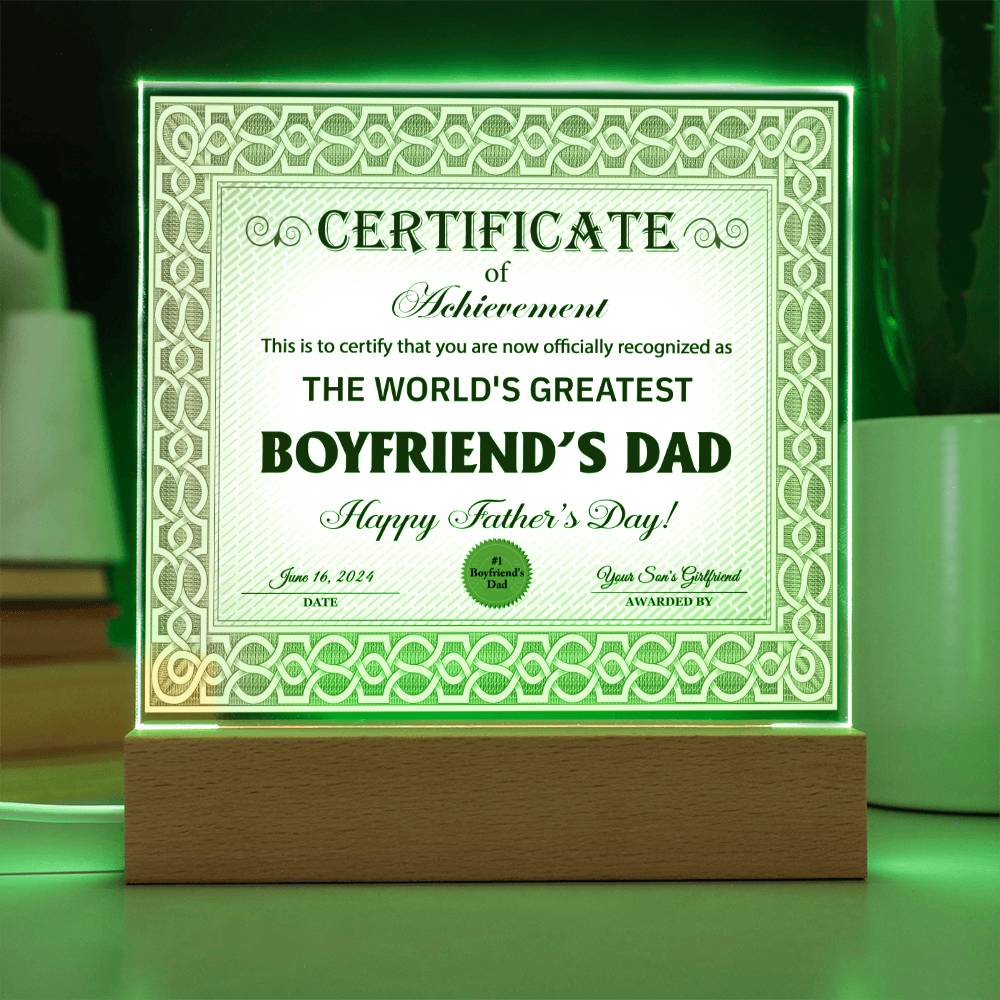 Boyfriend's Dad "Certificate of Achievement" Square LED Plaque