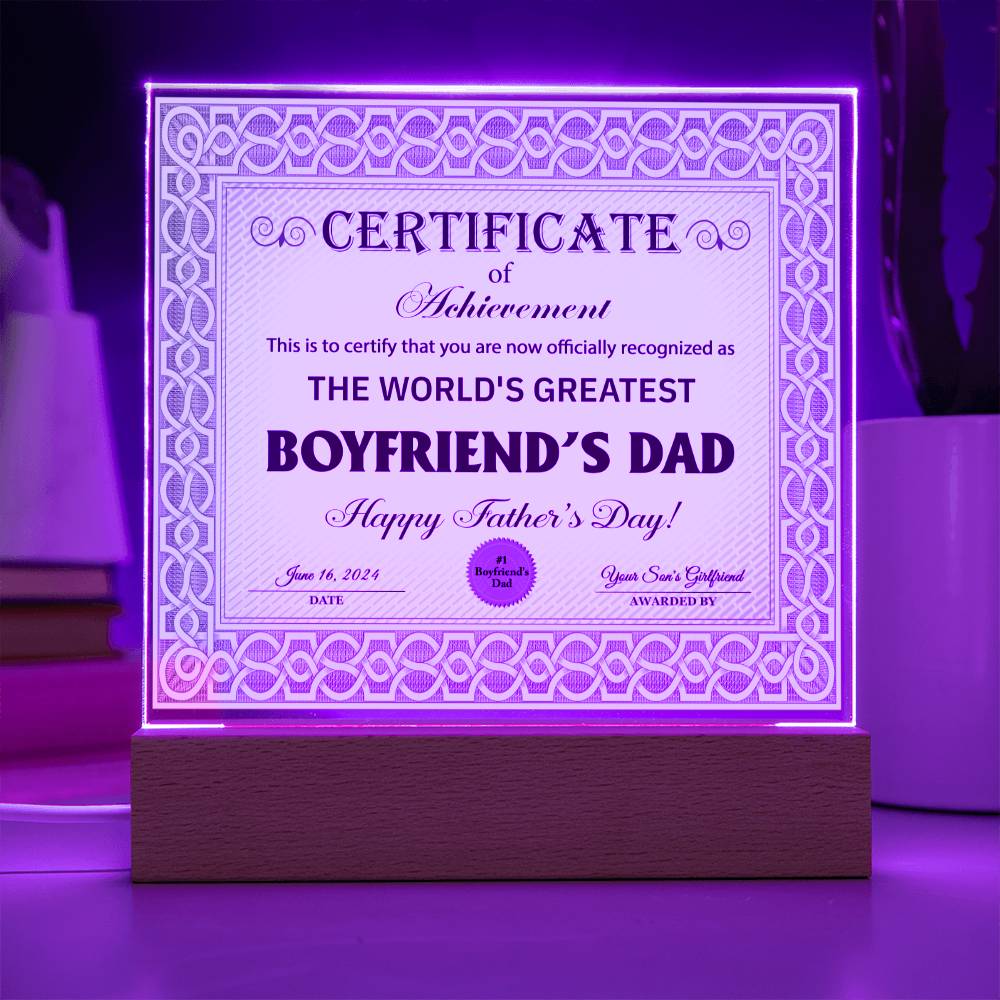 Boyfriend's Dad "Certificate of Achievement" Square LED Plaque