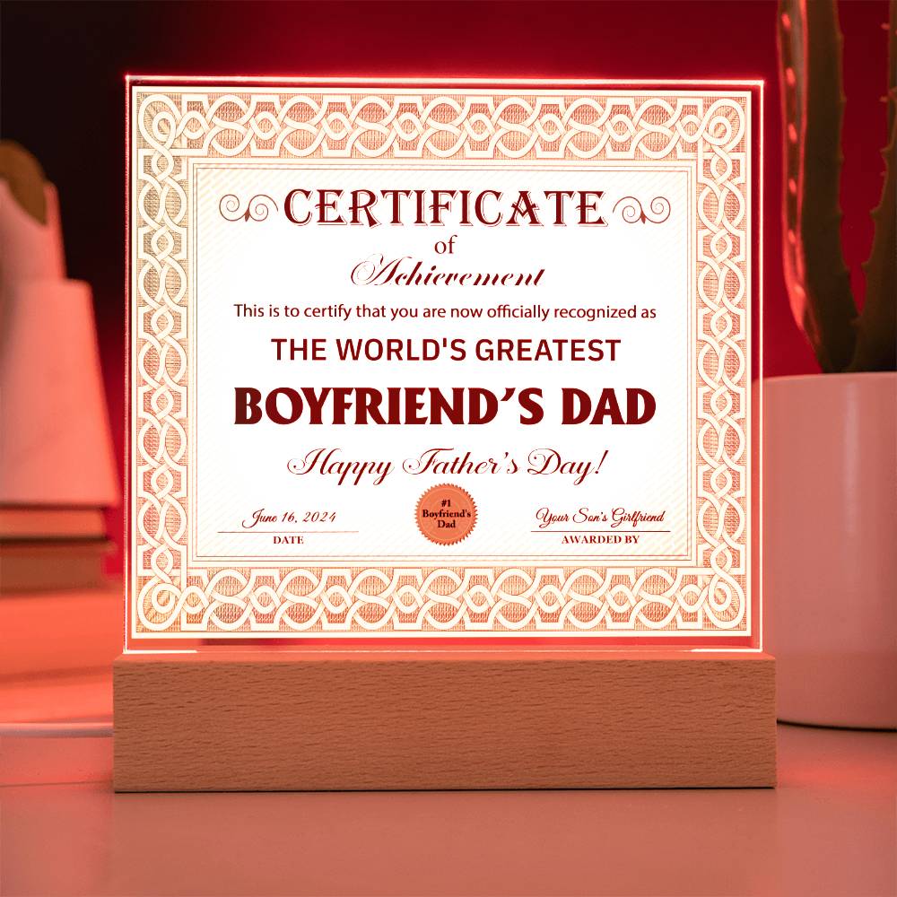 Boyfriend's Dad "Certificate of Achievement" Square LED Plaque