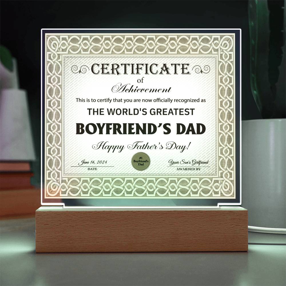 Boyfriend's Dad "Certificate of Achievement" Square LED Plaque