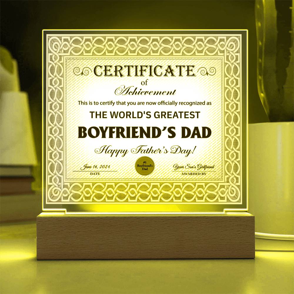 Boyfriend's Dad "Certificate of Achievement" Square LED Plaque